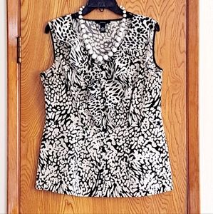 Alfani Animal Print Top Women's Size 12 Black/White Ruffle Front Button Down